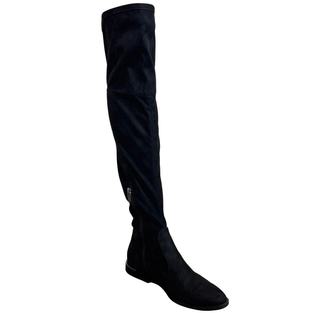 Marc Fisher Black Faux Suede Over The Knee Flat Boots Silver Heel Detail 8.5M